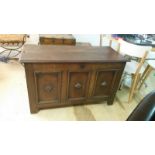 Oak coffer with diamond detail to front. Retains original key in working order