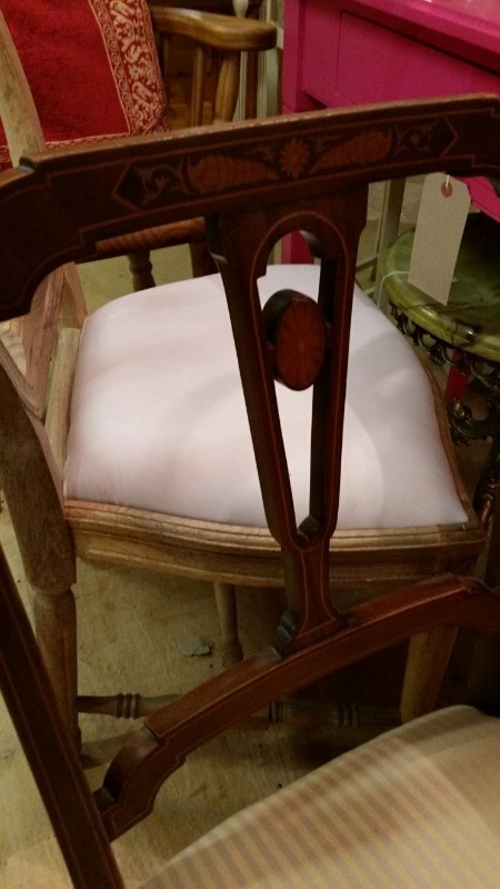 Late 19th/early 20th C nursing chair. Neutral cream striped upholstery and decorative inlay to - Image 2 of 7