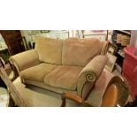 Sofa, classic shape, art deco in style, 2 seater in superb condition, wooden feet, scroll ends,