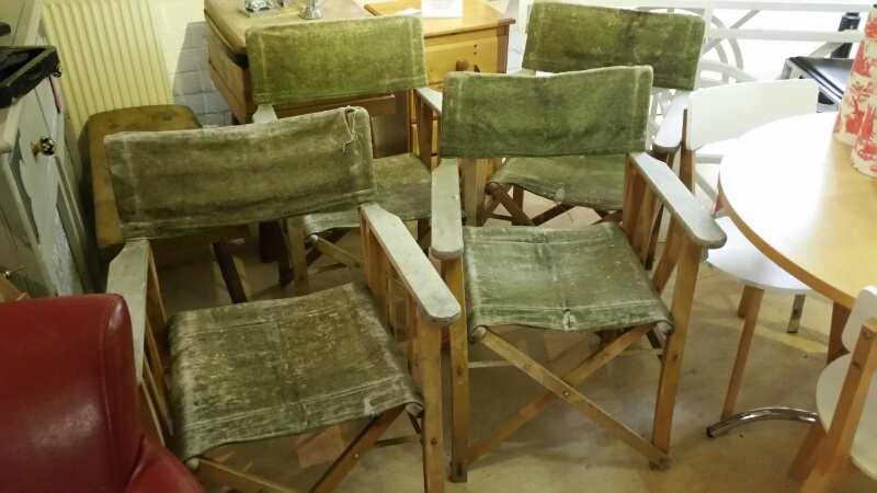 4 Vintage directors chairs with original chenille type fabric, approx 1930's