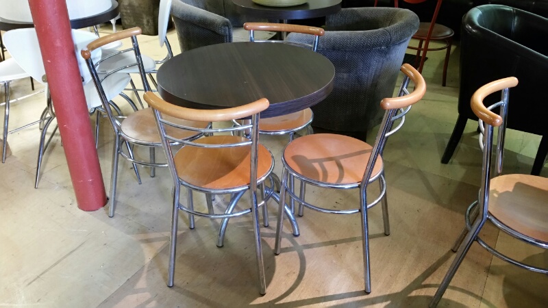 *4 wood and chrome cafe chairs, seat 40cm diam, 61 cm high, as found (second of two identical sets