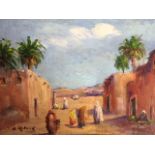 Bruno Retaux, French 1947, signed lower left, Moroccan street scene, oil on board (split to