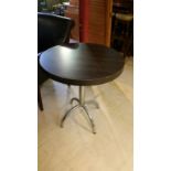 *Dark brown circular bistro table, pedestal chromed legs, for two people. Outdoor or indoor use.