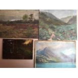 British School, early 20th century, group of four (4) oil paintings depicting various landscapes,