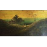 English School, 20th century, figures in landscape watching hot air balloon in sky, oil on card,