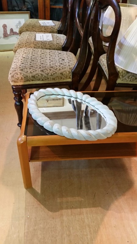 Small oval wall mirror with distressed cream painted rope frame (wooden), hanger to back