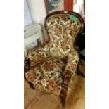 Late 19thC slipper chair with very nice chenille flock fabric in pinks, golds, greens, wooden frame,