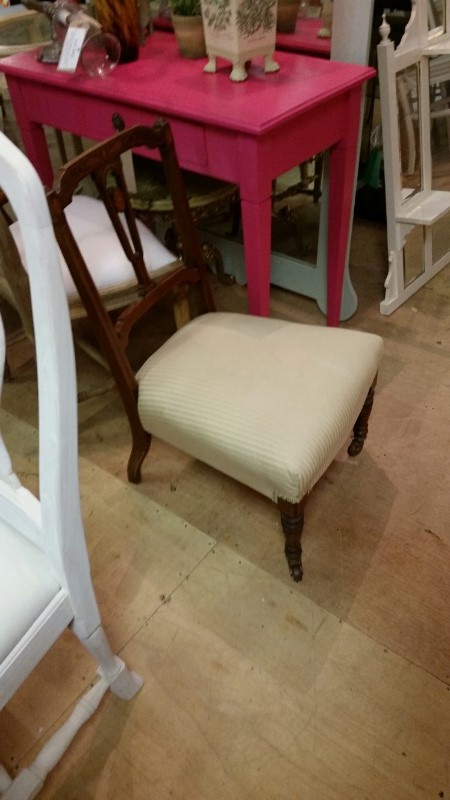 Late 19th/early 20th C nursing chair. Neutral cream striped upholstery and decorative inlay to