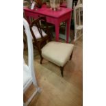 Late 19th/early 20th C nursing chair. Neutral cream striped upholstery and decorative inlay to