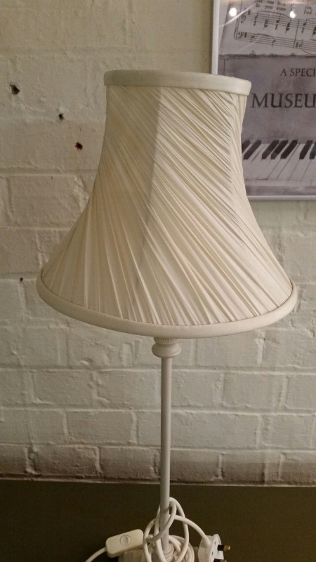 Pair of table lamps, tall metal stands with trimmed cream shades. PAT tested. Approx 66 cm overall - Image 2 of 6