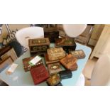 Collection of various Oriental inspired trinket boxes including papier mache and wood.
