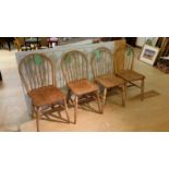 Collection of 4 blonde wood stick back dining chairs. 2 of slightly different design. Each chair