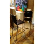 Pair of high bar or breakfast stools, brown faux leather with chrome legs. 40cm wide, 74cm seat
