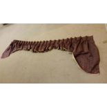 Beautiful lined pelmet in a plum/brown with gold colourway, approx 277cm long, triple pleat