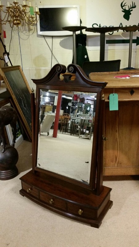 Jenks and Wood, bonnet top, bevel edge toilet mirror. 3 curved drawers under with makers details