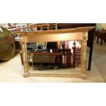 Overmantle mirror, 19thC frame, gold painted, Egyptian influence. Top edge is 122.5 cm wide overall,