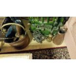 Collection of copper and brass items to include a copper coal scuttle and jug. (green enamel stove