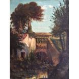 French school, late 19th century, landscape with sluice gates and river, oil on board, 23cm x 19cm