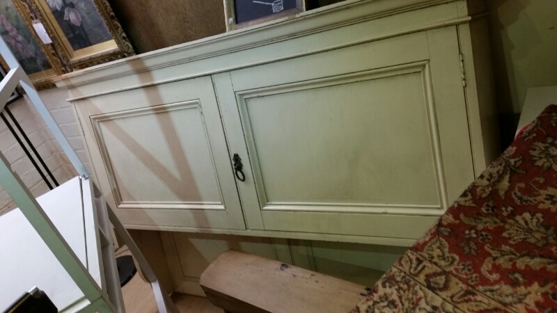 Painted wall-hung shelving and cupboard unit, Victorian, approx 116cm x 160cm. Shelves inside. One - Image 4 of 9