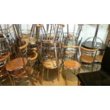 *Job lot of 25 pale wood and chrome cafe chairs with circular seats, wear & tear from previous use