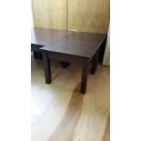 *Pair of square dark wood coffee tables, 69 cm sq tops, 57 cm high. As found. *This lot will have