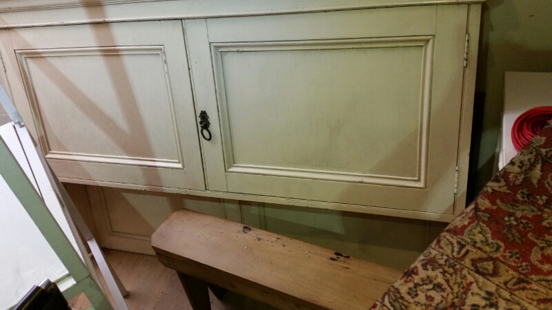 Painted wall-hung shelving and cupboard unit, Victorian, approx 116cm x 160cm. Shelves inside. One