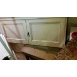 Painted wall-hung shelving and cupboard unit, Victorian, approx 116cm x 160cm. Shelves inside. One