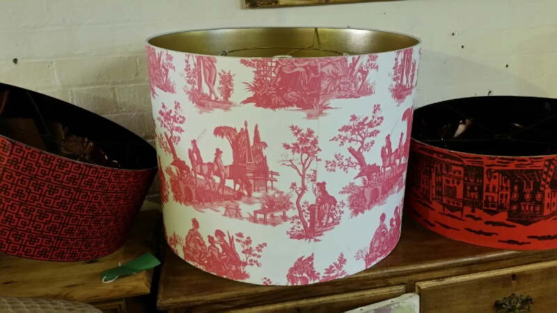 Large retro toile de jouy light shade in pink and white, 60cm diameter, 45cm high together with 3