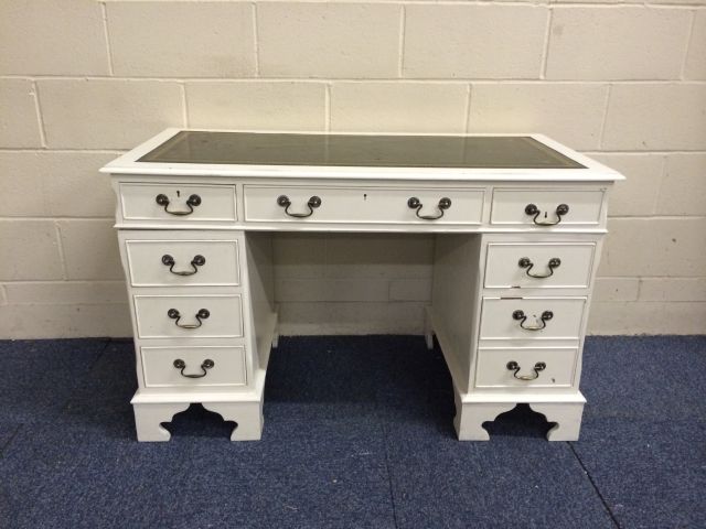 Vintage desk, painted in off white with green leather inlay top, 3 drawers to top with further - Image 2 of 9