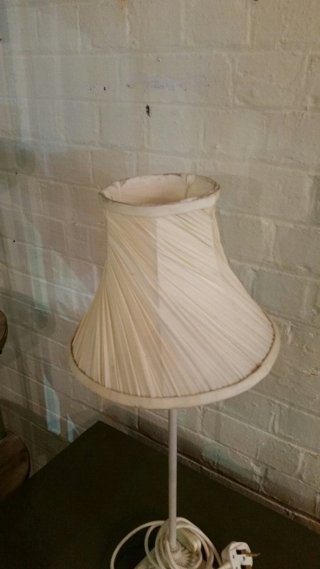 Pair of table lamps, tall metal stands with trimmed cream shades. PAT tested. Approx 66 cm overall - Image 4 of 6