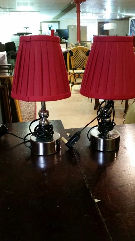 Two small table lamps, PAT tested, silvered bases, red shades