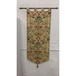 Decorative, tapestry style, lined, wall hanging together with hand forged iron pole.