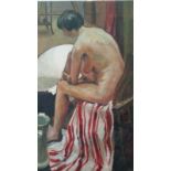 English School mid 20th century oil on canvas, seated nude bathing, with striped towel (unframed,
