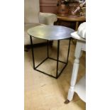 Terence Conran Content range: circular side table in bronze alumnium with iron cubic base. Approx 50