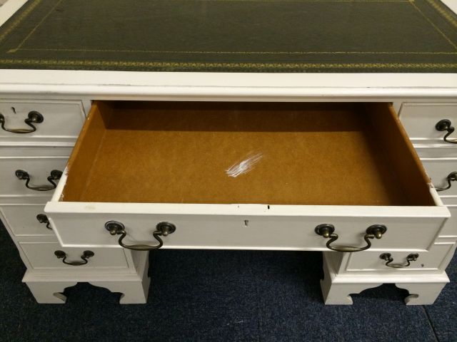 Vintage desk, painted in off white with green leather inlay top, 3 drawers to top with further - Image 6 of 9