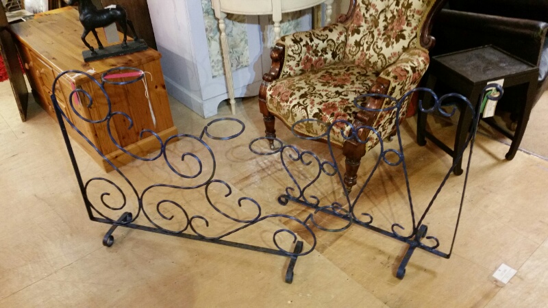 Two large wrought iron plant pot displays in blue - largest overall c 113 cm long, 77 cm high