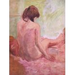 English School, 20th century, inscribed verso, seated nude, oil on board, 61cm x 50 cm CONDITION: