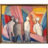 Hoffova, signed and dated 96, abstract figures, oil on board, 35cm x 41.5cm