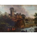 Dutch School, 17th century, river landscape with old ruins and anglers, oil on wood panel, 17cm x 23