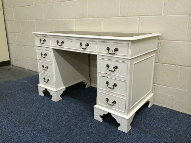 Vintage desk, painted in off white with green leather inlay top, 3 drawers to top with further - Image 8 of 9