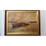 Ernest B Perry, English School, oil on canvas of boats and figures. Dated 1929. Signed lower