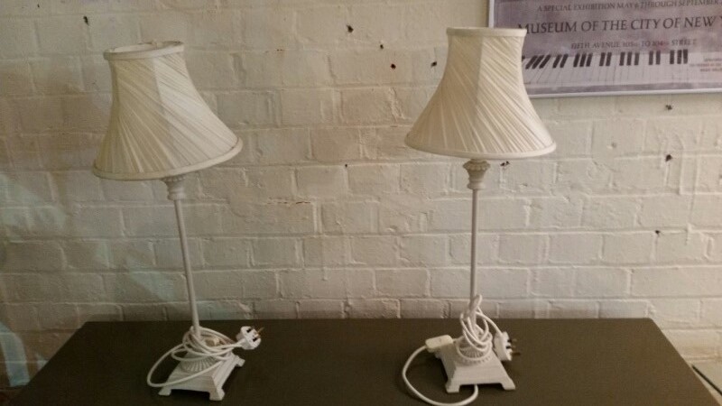 Pair of table lamps, tall metal stands with trimmed cream shades. PAT tested. Approx 66 cm overall - Image 6 of 6