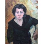 British School, 20th century, half length portrait of a lady in black dress, oil on board, 61 x