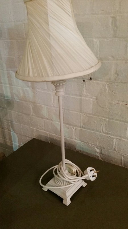 Pair of table lamps, tall metal stands with trimmed cream shades. PAT tested. Approx 66 cm overall - Image 3 of 6