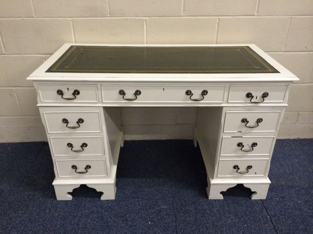 Vintage desk, painted in off white with green leather inlay top, 3 drawers to top with further