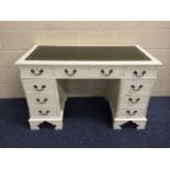 Vintage desk, painted in off white with green leather inlay top, 3 drawers to top with further