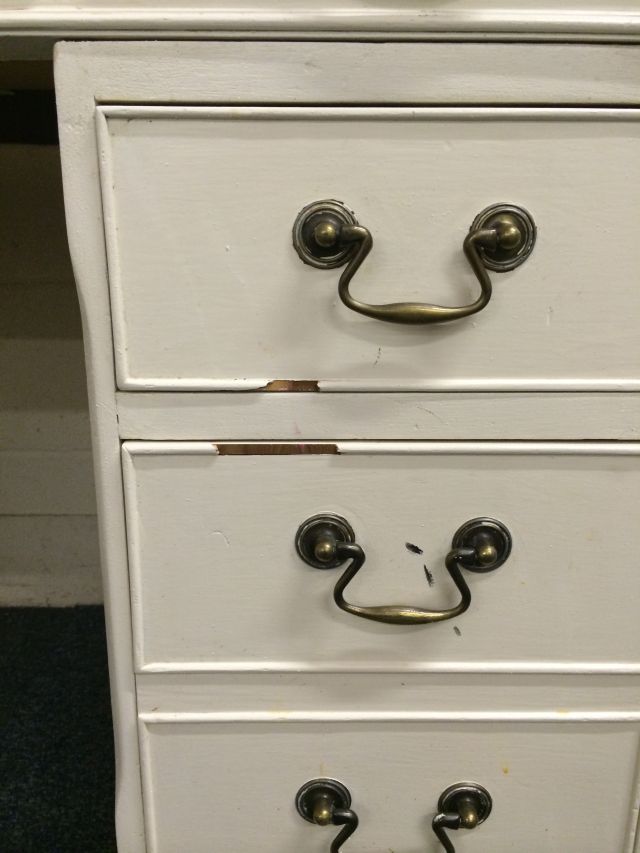 Vintage desk, painted in off white with green leather inlay top, 3 drawers to top with further - Image 9 of 9