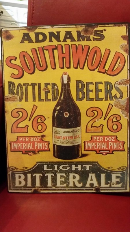 *Retro metal repro' sign depicting Adnams Southwold beer, measures approx 26 x 35 cm *this will have