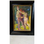 English School oil on board, signed Moss. Modernistic Adam and Eve depiction Label verso indicates