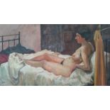 English School mid 20th century oil on canvas, reclining nude on a bed (unframed, unsigned) 76.5 x
